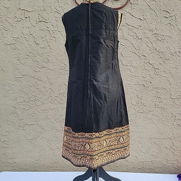 Vintage Mock Turtleneck Sleevless Shift Mini Black Dress, Printed Hem & Collar S - Picture 2 of 7